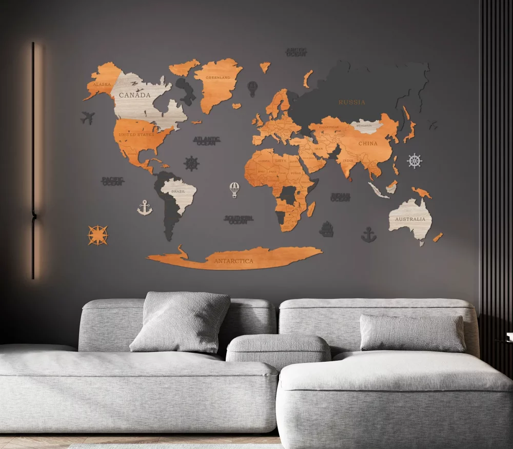 Dřevěná mapa světa EN - Buk, Antracit, Dub