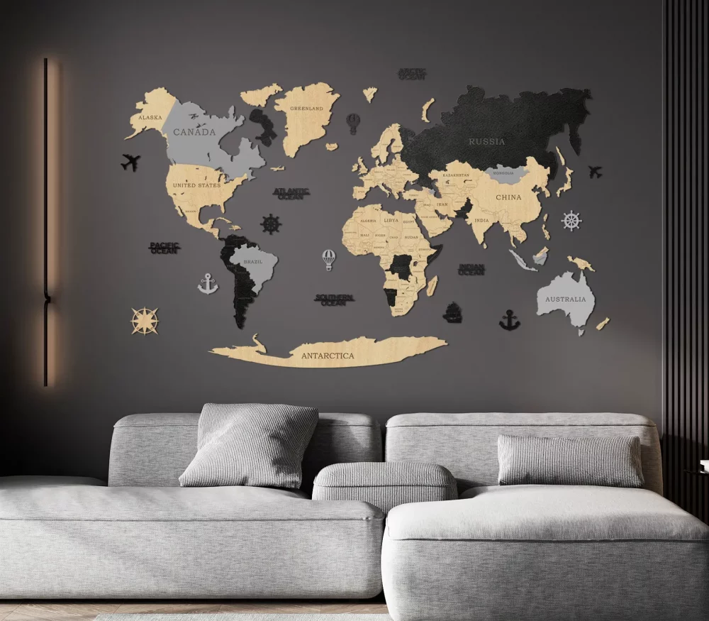 Dřevěná mapa světa EN - Javor, Černá, Šedá
